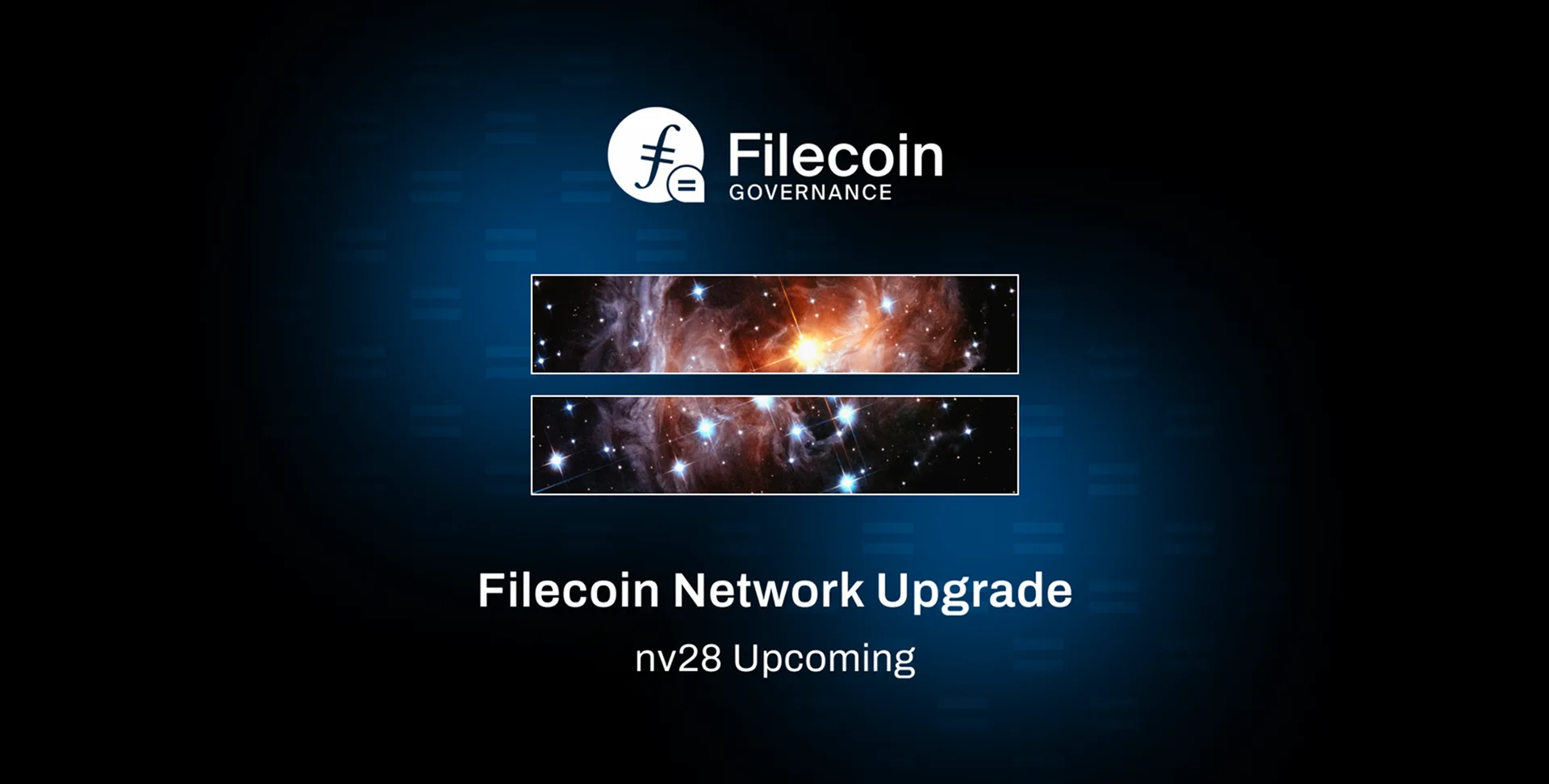 Filecoin Network Upgrade announcement for nv28, with cosmic background artwork.